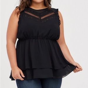 Black Babydoll Crinkle Chiffon Lace Inset Top - NWT!